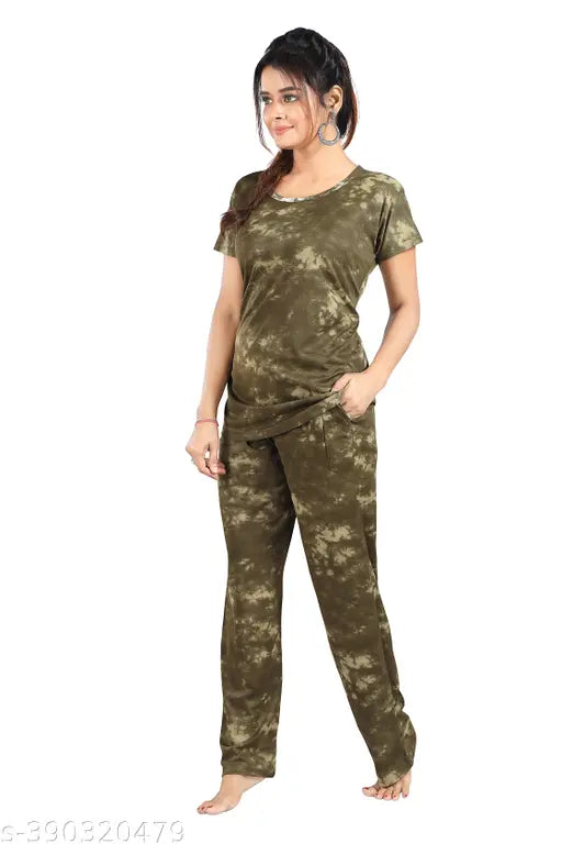 Printed satin nightdress and pyjama set for women & girls, Indian-made, short sleeve top and bottom with vibrant patterns