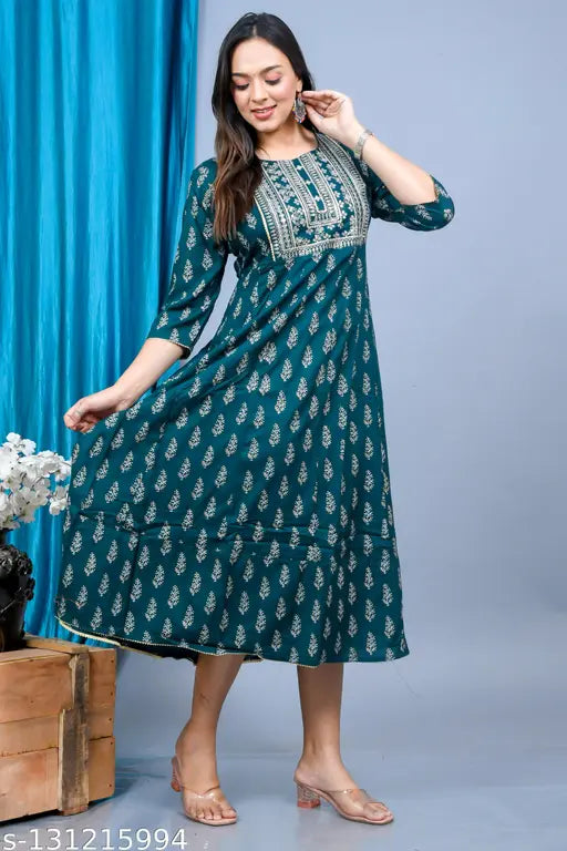Rayon Anarkali embroidered printed kurta, three-quarter sleeve, vibrant floral combo, XS to 6XL sizes available