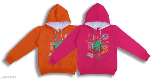 Winter fleece girls hoodie sweatshirt V5 Combo 2, cotton long sleeves, printed net design for kids comfort and style