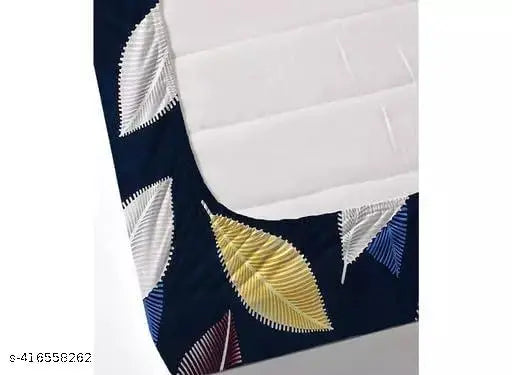 Navy Blue Elastic Fitted Cotton Bedsheet with Pillow Covers by D K S CREATIONS - Botanical print, superfine quality, ideal for summer, adult use