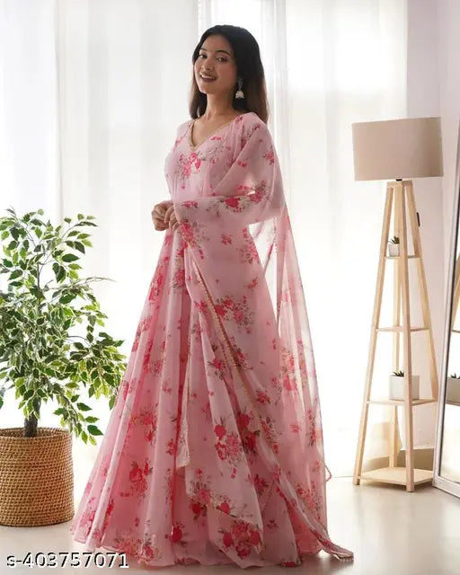 Blue Georgette Priya print gown, long sleeves, festive floral design - India