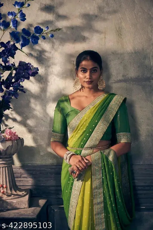 Green Georgette Foil Floral Print Saree with Running Blouse, perfect for special occasions and weddings