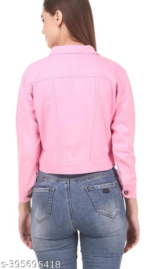 Pink denim unisex jacket, solid design for women and girls, three-quarter sleeves, Made in India