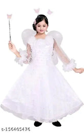 White net full-sleeve party dress for girls, embellished with fairy wings and headbands, India origin
