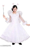 White net full-sleeve party dress for girls, embellished with fairy wings and headbands, India origin