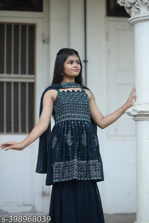 Morpichh blue Georgette plazo suit with embroidered embellishments, children's ethnic wear aged 3-15 years, India origin