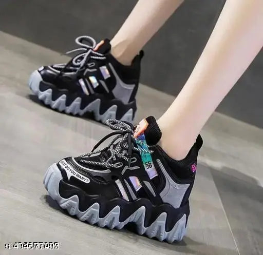 Stylish black sports shoes with mesh and rubber, lace-up design in various sizes (India origin)