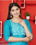 Art Silk embroidered A-line kurta for women, single color with digital embroidery detail, three-quarter sleeves