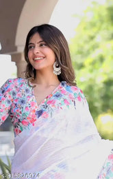 Georgette saree with refined trendy design, solid pattern and eye-catching print quality, free size, India origin