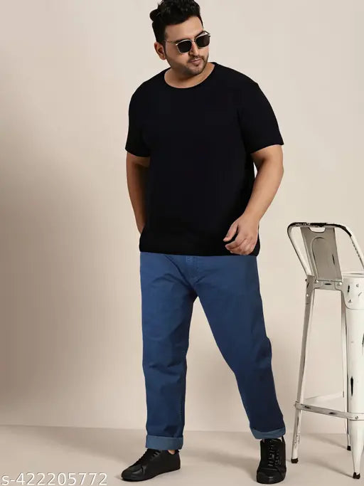 Just black mens relaxed navy blue jeans, cotton blend solid denim for everyday style and all-day comfort. Sizes: 36, 38, 40, 42, 44, 46, 48 (India origin)