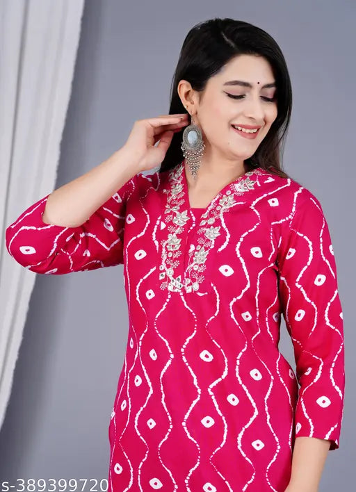 Pink rayon kurti with patiala, three-quarter sleeves - vibrant Indian Aaliya cut V-neck on display