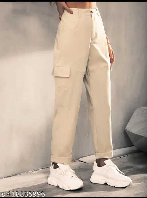 Solid cotton blend four-pocket cargo pants by SBTCREAM for men, India origin