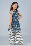 Multicolor kids' premium rayon kurta with Sharara set, printed straight top and sharara bottom, 9-10 years size, Indian origin