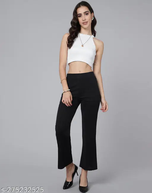 Black Lycra Solid Bell-Bottom Pants for Women - Selvia comfort casual, easy to wear
