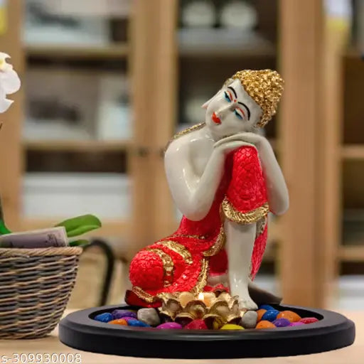 Golden Polyresin Buddha Statue, handcrafted in India, ideal for home decor, living room, and office table. Measures 15 cm x 15 cm x 20 cm. Perfect Feng Shui and meditation gift