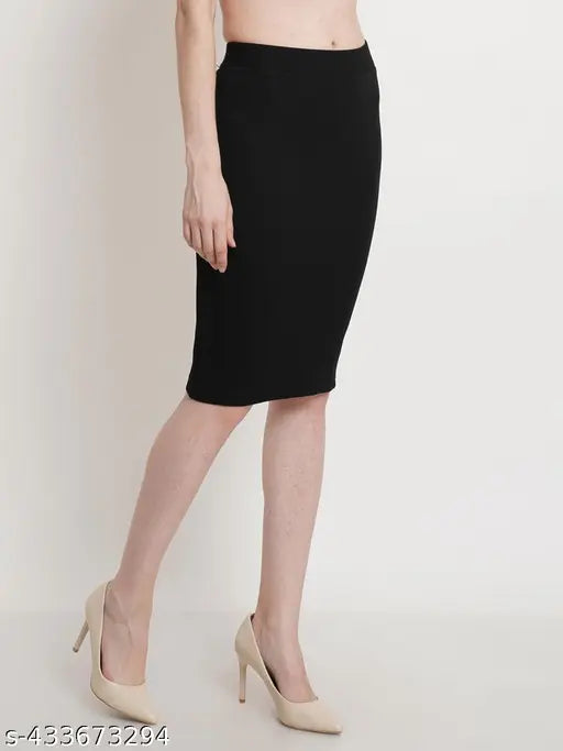 Black cotton blend high waist pencil skirt with back cut detail, ideal for formal occasions