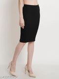 Black cotton blend high waist pencil skirt with back cut detail, ideal for formal occasions