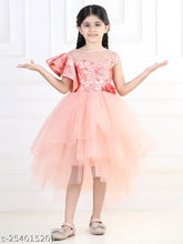 Peach embellished net hilow dress for kids, short sleeves, peach balloon print, size 1-2 years