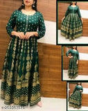 Green rayon kurta with three-quarter sleeves, printed combo design. Indian ethnic wear for women on mannequin
