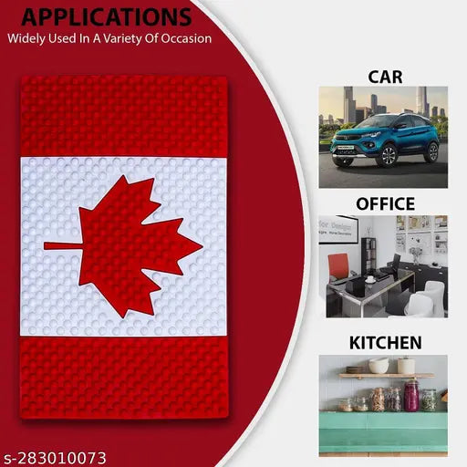 Premium India-made universal non-slip rubber car dashboard mat featuring Canada flag design, ideal for securing small gadgets like phones, keys, and sunglasses. Extra thick anti-slip gel provides excellent grip on smooth surfaces