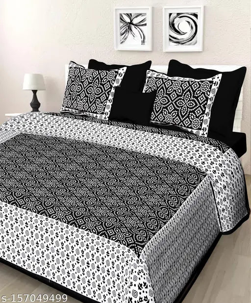 Indian-origin, 100% cotton Jaipuri double bed flat sheets with ethnic motifs & 4 pillow covers, thread count 180 - summer ready