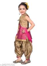 Pink printed designer Kurta patiala salwar suit with jacket and dupatta, RK Collection for girls' festive wear. Jacquard fabric, A-line top, patiala bottom, embroidered coti set. Indian ethnic kids' party wear