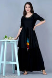 Black rayon kurta set with tassels, solid pattern, short sleeves, India origin