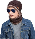 Brown wool warm beanie cap with neck warmer, embroidered net pattern, 2-in-1 women's winter hat and scarf set for outdoor activities