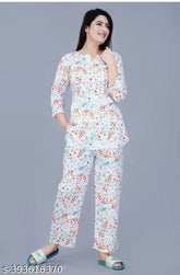 White and blue floral print viscose rayon daily wear top and pyjama set, nightdress. Rayon fabric for comfortable nightwear for women