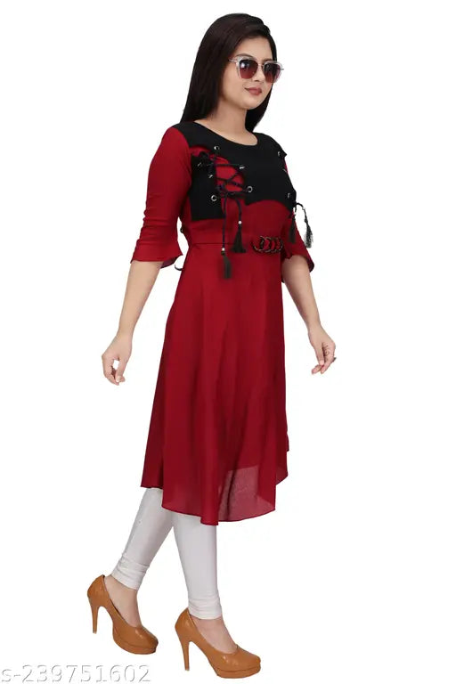 Maroon rayon three-quarter sleeve kurta for kids and teens, solid pattern, India-origin clothing