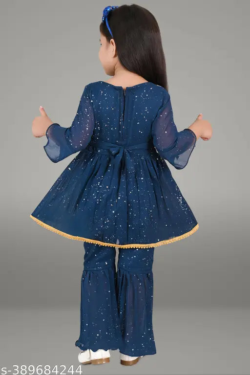 Purple Teal Maroon Georgette Anarkali Kurti & Palazzo Set - Trendy Ethnic Wear for Little Fashionistas aged 2-4 years