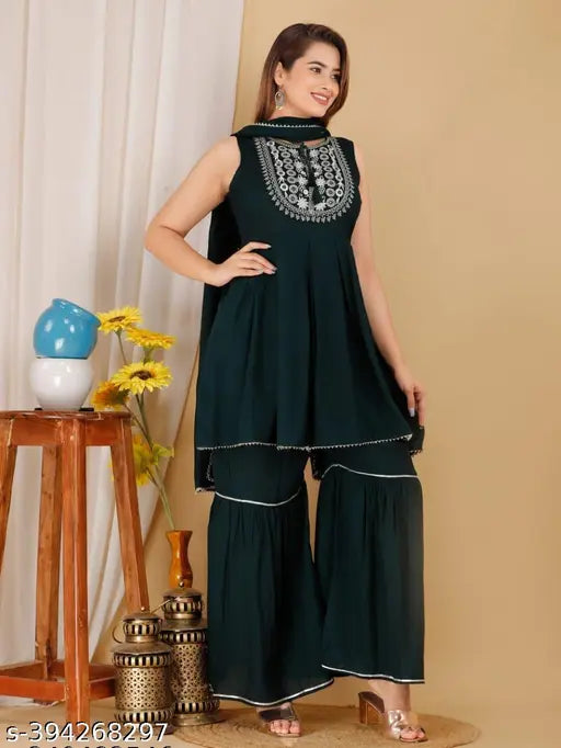 Green rayon kurti set with sharara and dupatta: Single piece Rashi Women's sleveless ethnic set for festive or daily wear, featuring round neck, regular sleeves, and lightweight rayon fabric. May vary in color due to lighting or monitor settings