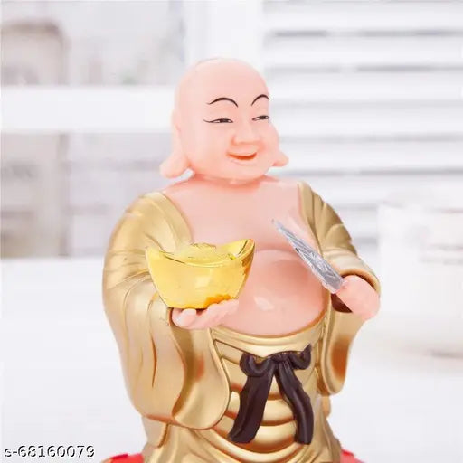 Red gold solar-powered Laughing Buddha with waving fan, bringing wealth and prosperity (10cm)