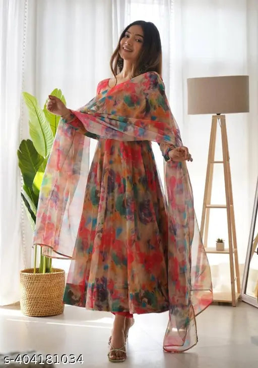 Long-sleeve printed net organza gown with duppatta, XXL size, heavy quality fabric