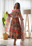 Long-sleeve printed net organza gown with duppatta, XXL size, heavy quality fabric