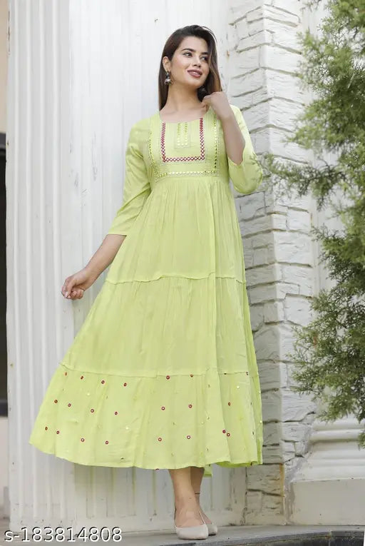 Rayon three-quarter sleeve Kurti with solid print flair and embroidery, Indian ladies party wear for festivals and formal occasions. L size (40in bust, 50in length)