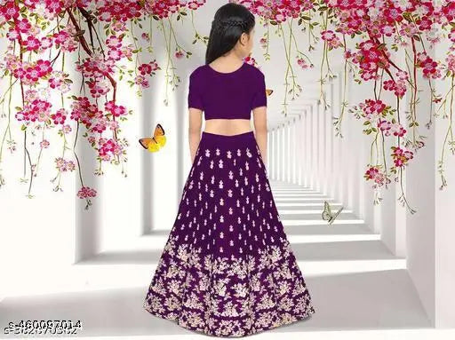 Embroidered silk Lehangha choli for baby girls, short-sleeved in net dupatta. Indian traditional clothing for kids aged 0-15 years