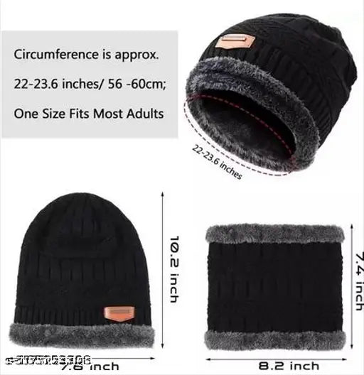 Wool-lined unisex knit winter beanie, scarf combo. Thick fleece, fur lining for warmth and style. Perfect for outdoor activities like skiing or camping