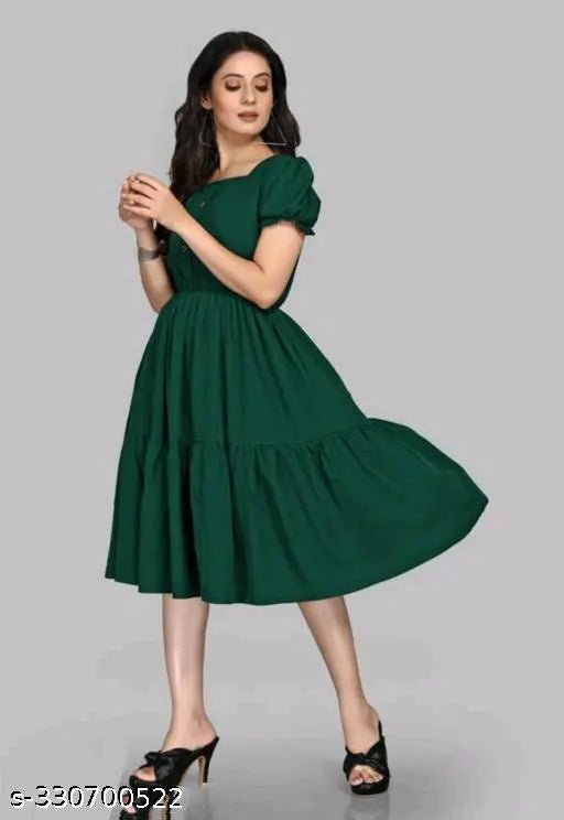 Bottle green rayon three-quarter sleeve party dress for women, solid design, India origin