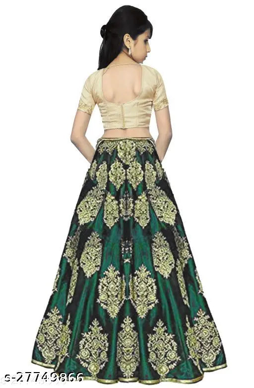 Green satin lehenga choli with net dupatta, embroidered for girls, versatile wear for functions, festivals, parties, and weddings
