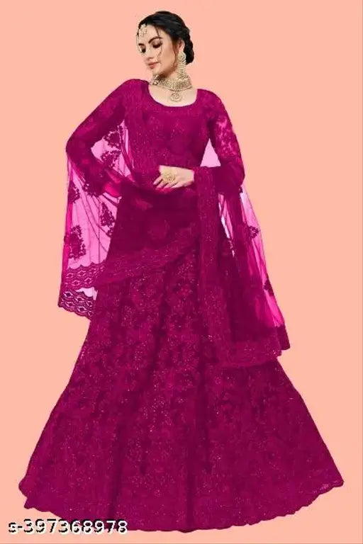 Embroidered net lehenga choli & dupatta set by VEEDHRUMI, intricate Indian bridal wear semi-stitched (waist 41in, length 41in)