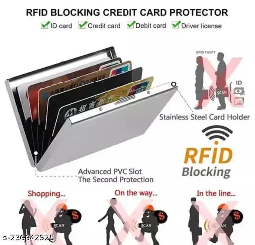 Stainless steel business card holder, ultra-thin and anti-theft, holds 7 cards or 6 cards + 3 folded bills, solid construction, India origin