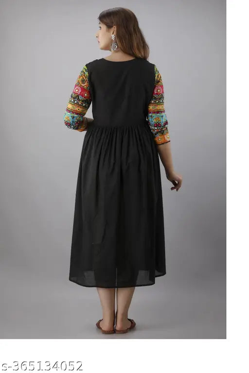 Rayon A Line Printed Anarkali Kurti, trendy three-quarter sleeves, vibrant Indian print