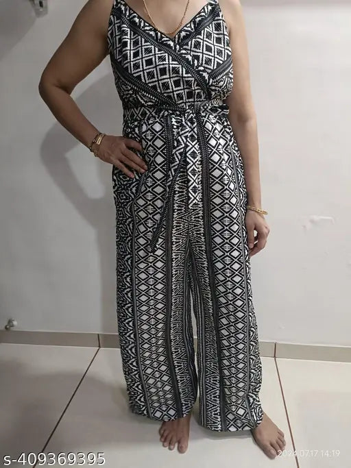 Red halter neck basic jumpsuit, printed net, light blue color, cotton material