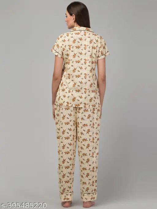 Printed cotton pyjama shirt with short sleeves and matching printed cotton pants, size L (India-made)
