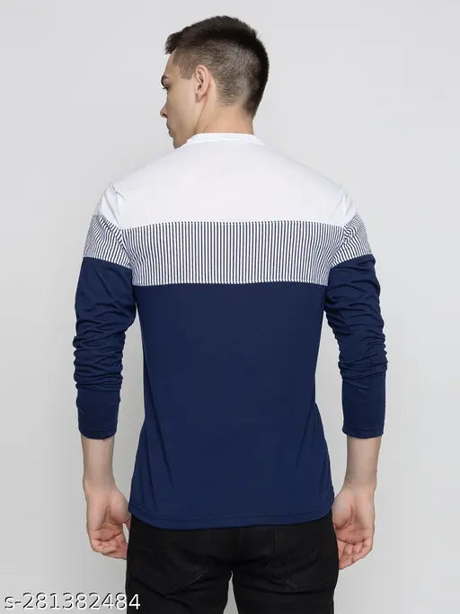 Emerald green men's cotton blend round neck regular fit full sleeves T-shirt. Self-designed colorblocked style for office, college, or casual wear." (125 characters)