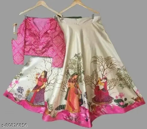 Ethnic Motif printed satin lehenga choli for baby girls, semi-stitched Indian traditional wear, available in various sizes from 9-12 months to 13-14 years