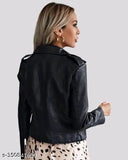 Black faux leather women's jacket, premium quality, long sleeves, solid pattern from AREEBA FASHION