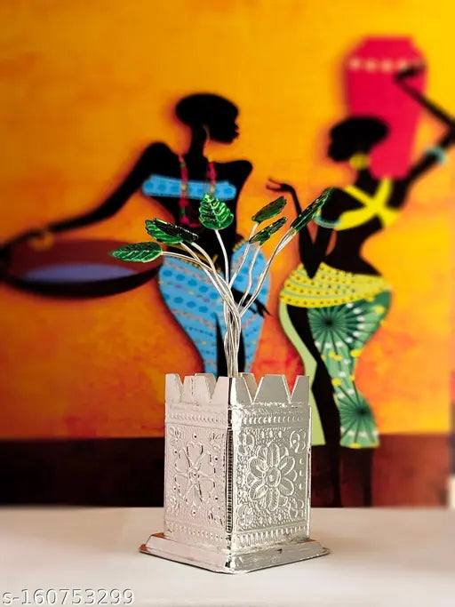 Silver-plated Tulsi plant decor, India-made gift item with green accents
