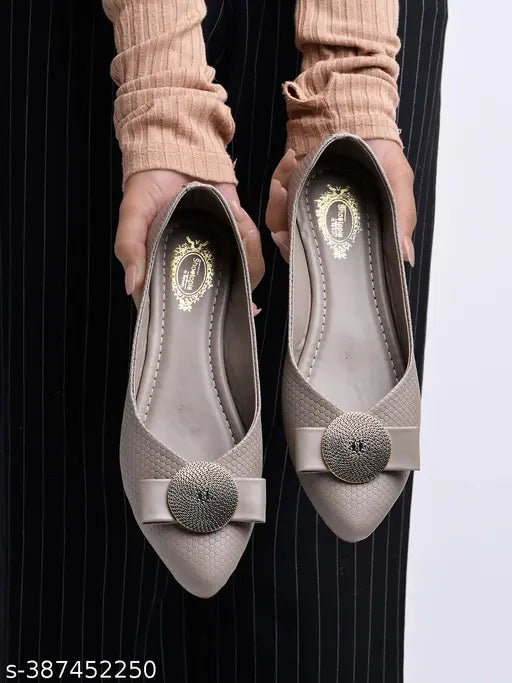 Grey synthetic oversized bow ballerinas for women and girls - slip-on, pointed toe, flexible & comfortable sole